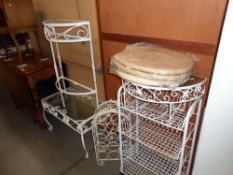 A quantity of painted wrought iron glass topped tables, toilet seats and vegetable racks etc,