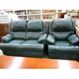 A green leather 2 seat settee and chair