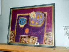 An acrylic on board titled 'The mauve still life with fruit' 20c British school, circa 1980's,