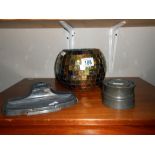 2 vintage pewter inkwells and a glass bowl