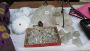 A good lot of glass chandelier parts including drip trays, droppers etc.