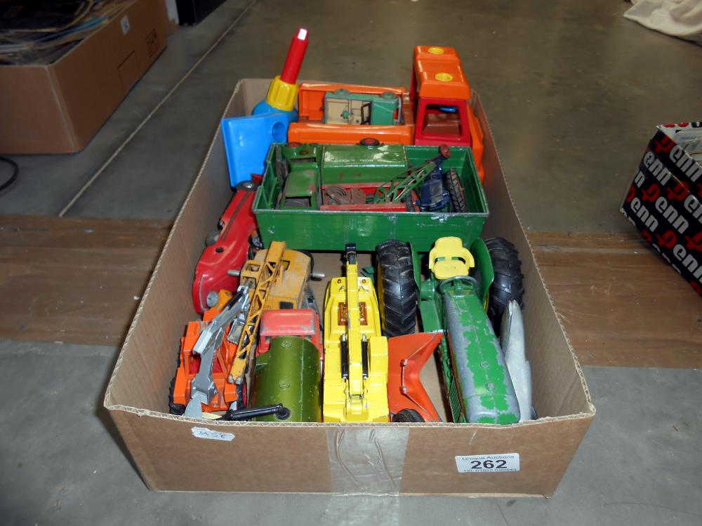 A box of playworn diecast including Matchbox, Dinky, Tri-ang etc.