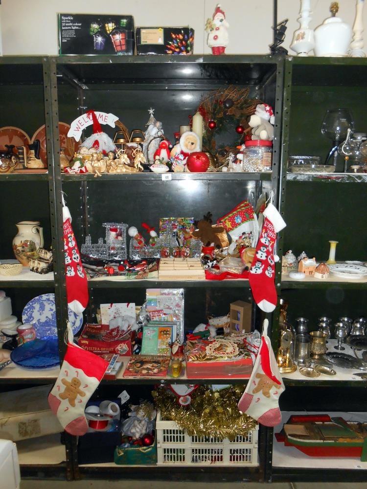 4 shelves of Christmas decoration including some vintage items