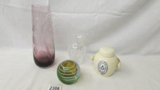 A Masonic ginger jar, a purple glass etched vase, a cut glass vase and a glass paperweight.