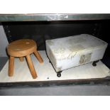 A small oak milking stool and a fabric covered stool (would need cleaning or re-covering)