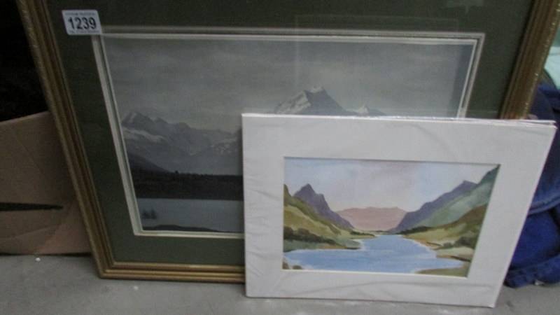 A framed and glazed print of Mount Cook, New Zealand, an unframed watercolour and 2 other pictures. - Image 2 of 6