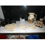 Royal Doulton Country scene milk jug, monk group egg stand, cow creamer etc.