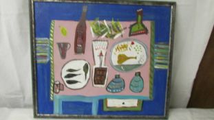 A framed British school acrylic on board abstract still life on table top.