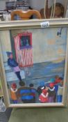 A painting of a Punch and Judy show signed Karin Malan.