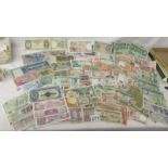 In excess of 100 assorted bank notes including UK £1 and 10/-, German, British Armed Forces, Kenya,