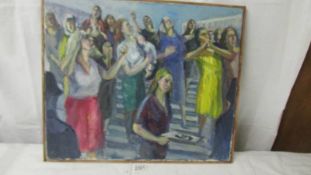 A mid 20th century oil on canvas initialed GRE depicting grieving women on government steps.