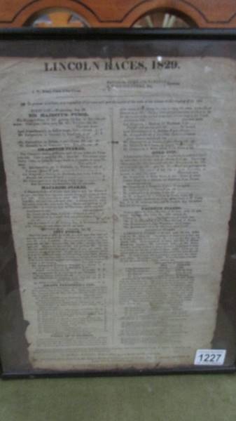 A framed and glazed Lincoln Races 1829 poster.