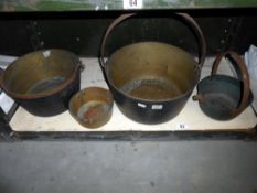 3 Victorian brass jam pans and a saucepan missing it's handle