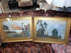 A pair of Edwardian gilt framed watercolours of mountains and trees,