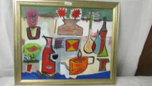 A framed late 20th century British school acrylic on board abstract still life with bottles.