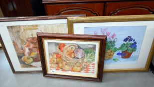 3 decorative kitchen watercolours of still life including fruit/veg 49cm x 39cm, 65cm x 50cm,