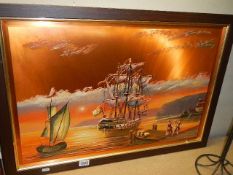 A framed and glazed 3D picture of a galleon in harbour.