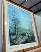 Large gilt framed print 'April Sunshine' by Victor Elford (bridge over river scene) 95cm x 62cm