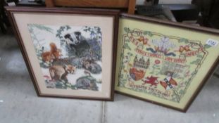 2 framed and glazed cross stitch pictures including Royal Wedding of Charles and Diana.