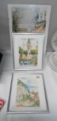 2 signed water colours, Sorento 95 and Positaxio 95, signature indistinct and a print of Paris, 21.