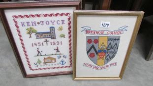 2 framed and glazed embroideries.