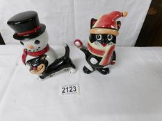 A Lorna Bailey snowman with cat (a/f chip on hat) and A Lorna Bailey winter cat,