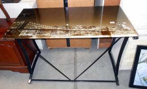 A glass picture top table of New York on a black metal frame 110cm x 55cm x height 75cm