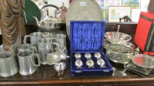 A mixed lot of silver plate including kettle on stand, trays, tankards etc.