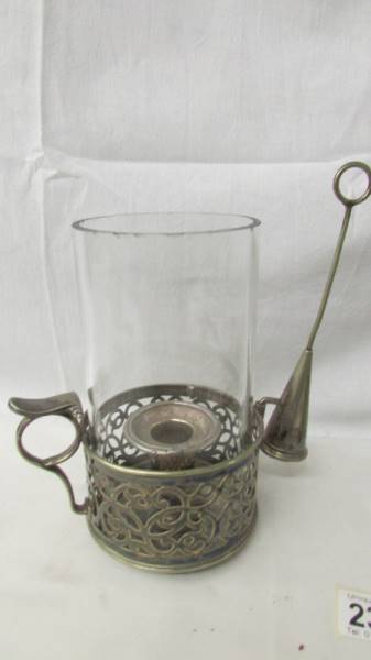A pair of 19th century silver plate candleholders with snuffers and chimneys. - Image 2 of 3