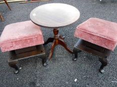 A pair of cushioned oak footstools & an inlaid round top table