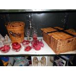 7 items cranberry all a/f, wicker basket etc,