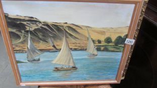 A framed oil on canvas nautical scene, signed but indistinct.