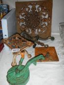 An old mincer, a bean slicer and other metal ware.