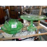1930's green glass cake stand and fruit bowl with 6 dessert bowls ****Condition
