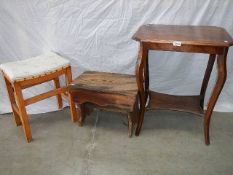 A solid mahogany side table, a vintage pine milking stool and another stool.