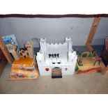 A large white vintage wooden fort with opening draw bridge and 2 others