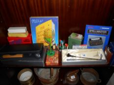 A selection of games, golfing items, dominoes, hip flask etc.