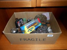 A mixed lot including metalware, wooden items, Beatles bus boxed, old ball etc.