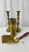 A pair of 12" (30 cm) Victorian brass candlesticks, A trench art shell case dated 1919,