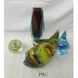 A studio glass fish, vase and 2 paperweights.