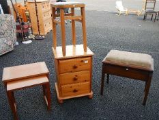 A solid 3 drawer pine bedside cabinet, 2 teak side tables,