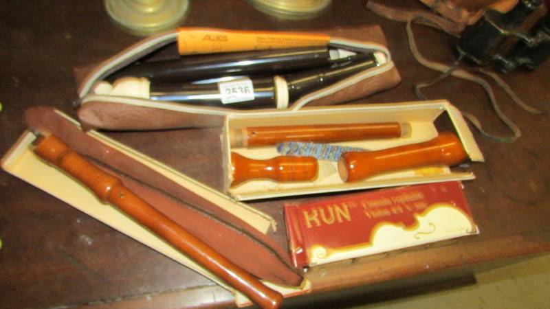 A Tenor recorder, 2 other recorders etc.