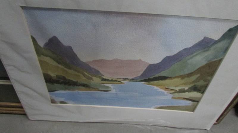 A framed and glazed print of Mount Cook, New Zealand, an unframed watercolour and 2 other pictures. - Image 4 of 6