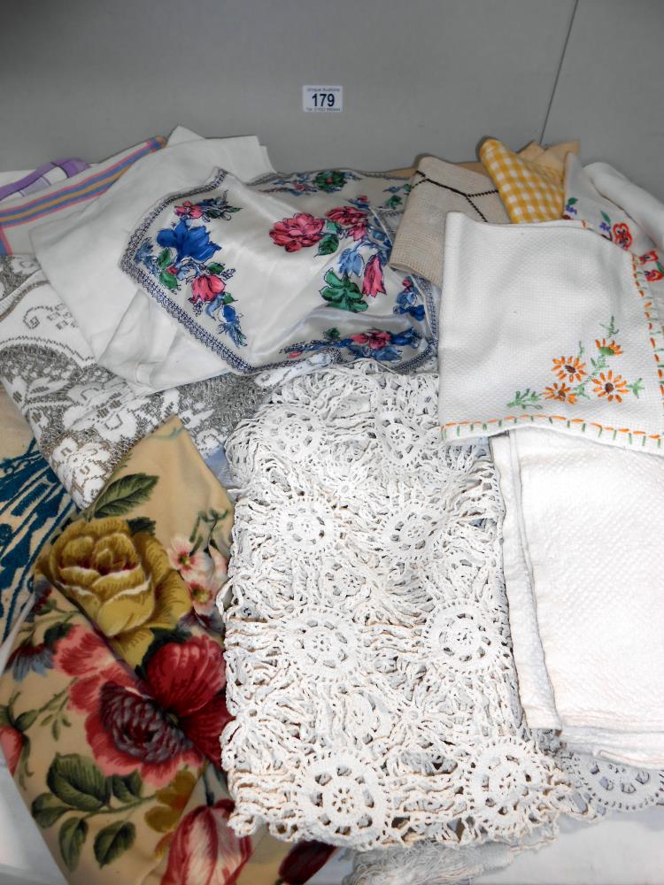 A box of household textiles including embroidered linens, - Image 3 of 4