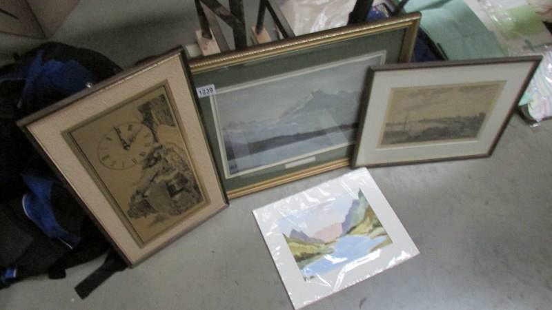 A framed and glazed print of Mount Cook, New Zealand, an unframed watercolour and 2 other pictures.