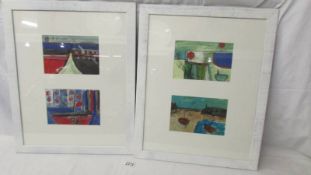 Cornish school, pair of abstract boat and harbour studies painted in acrylics all titled St Ives.