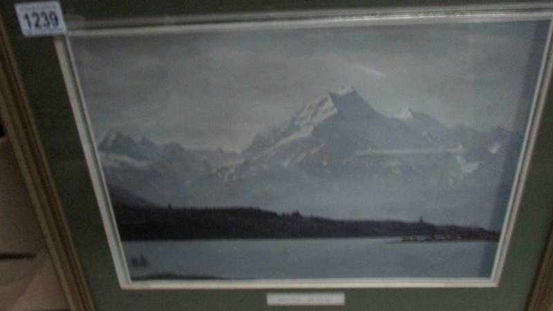 A framed and glazed print of Mount Cook, New Zealand, an unframed watercolour and 2 other pictures. - Image 3 of 6