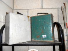 2 pre-war petrol cans Esso and Pratts embossed (Pratts has incorrect lid)