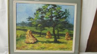 A mid 20th century Scottish school oil on board entitled 'Cornstocks at Crieff Perthshire' in the