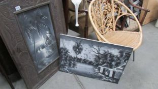 An oak framed tropical scene and a tropical scene on canvas.